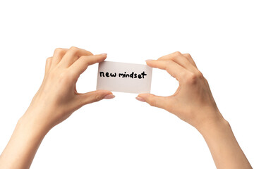 New mindset - new result  text on a card in a woman hand.