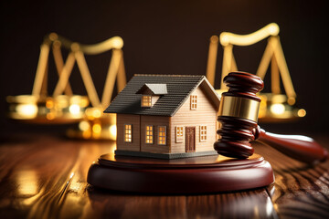 Gavel, scale and house on wooden table. Law and justice concept