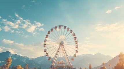 Ferris wheel on sky and mountain background.