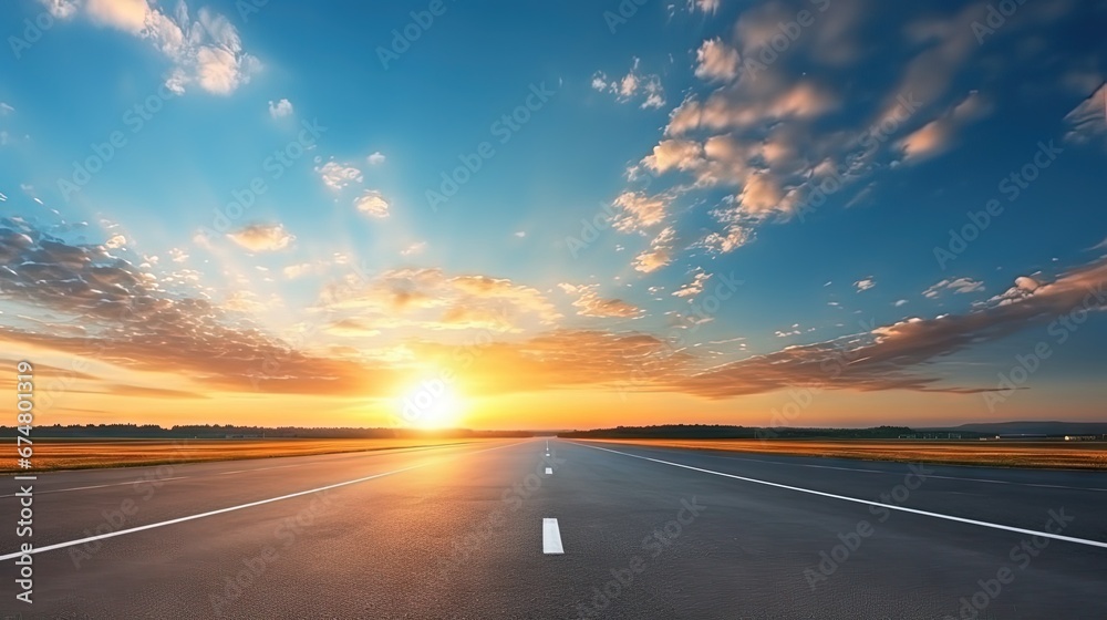 Canvas Prints Straight asphalt empty road and sky clouds at sunrise. View of the new highway in the countryside. Road background.