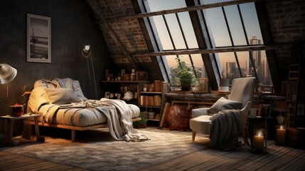 scandinavian style hipster interior, cozy loft room