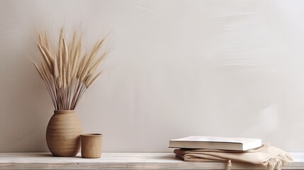 Aesthetic bohemian rabbit tail grass in clay pot, book on rattan bench against white wall. Bohemian minimal home interior design - obrazy, fototapety, plakaty