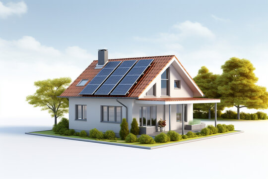 House with solar panels on the roof. 3D render