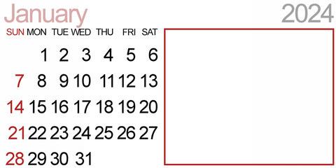 January 2024: Minimalist Calendar with Blank Space. Week starts on Sunday. Beginning of the year. - obrazy, fototapety, plakaty