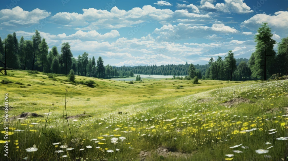 Poster field and forest in spring time