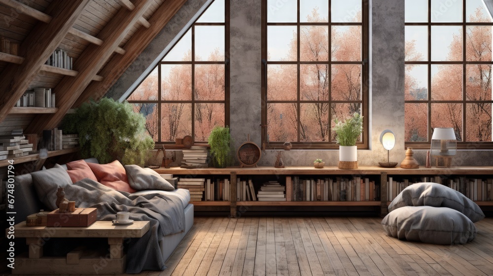 Poster scandinavian style hipster interior, cozy loft room