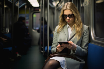 Young woman using her smartphone during her subway commute