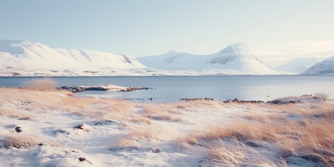 Obraz premium Generative AI, Winter aesthetic landscape panorama, muted neutral colors, forest and mountains. 