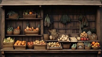 Obraz premium Antique gungy carved and inset wooden box setting on shelf of outdoor market