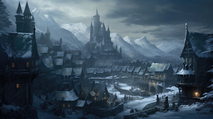 Medieval fantasy town in winter time.