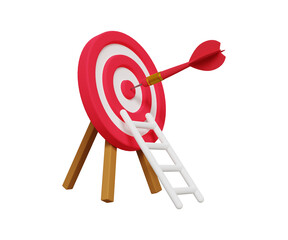 3D ladder to reach goal. Challenge, find success, business objective. Achieving goals concept. Dartboard with dart and ladder. 3d illustration