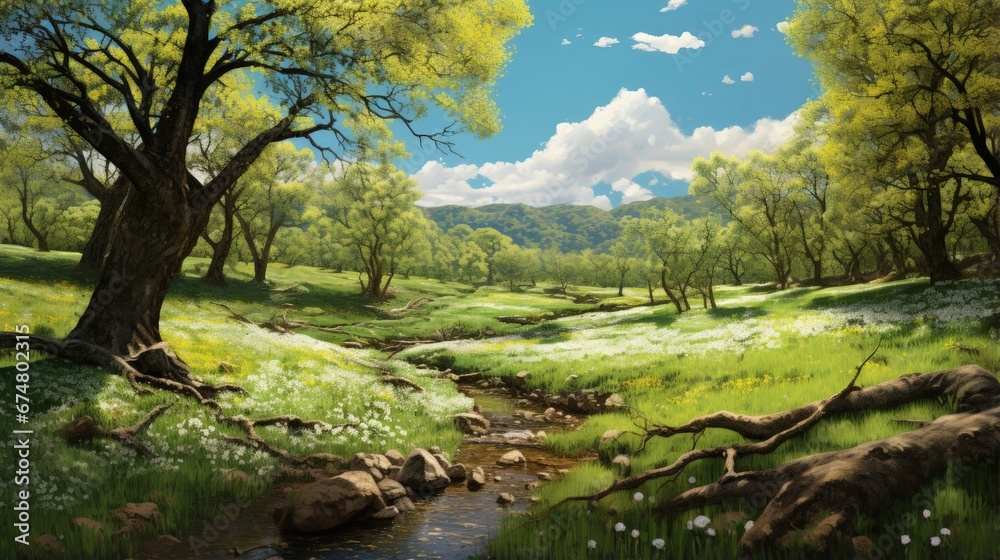 Poster field and forest in spring time