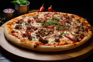 Illustration of delicious pizza on wooden table, dark background. Generative AI