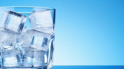 Ice cubes in a glass with crystal clear water on a blue background. Refreshing and healthy water on hot days