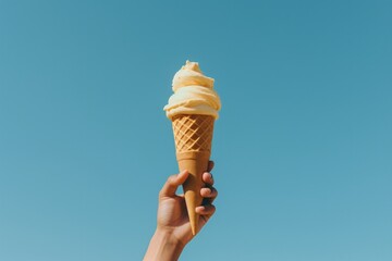 Illustration of hand holding ice cream on blue background, tasty and refreshing gelato. Generative AI