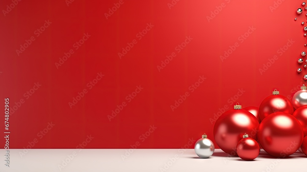 Poster minimal red background christmas with bauble ball christmas decoration. room in the 3d. for backdrop