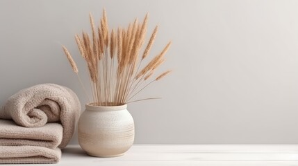 Aesthetic bohemian rabbit tail grass in clay pot, book on rattan bench against white wall. Bohemian minimal home interior design
