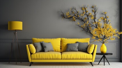Monochrome yellow interior. Sofa, floor lamp and indoor flower. 3D visualization