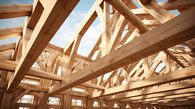Wood roof trusses constructed with wooden construction framing beams timber