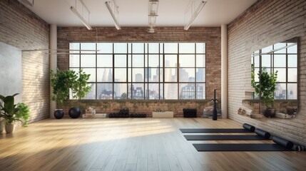 Stylish bright white yoga studio gym interior with brick wall, window and city view. 3D Rendering