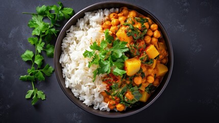 Vegan chickpea potato curry with rice and kale in blue bowl, gray background, top view. Alternative plant-based eco friendly food concept. - obrazy, fototapety, plakaty