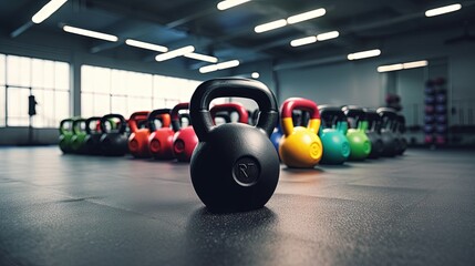 Fototapeta premium Different sizes of kettlebells weights lying on gym floor. Equipment commonly used for crossfit training at fitness club