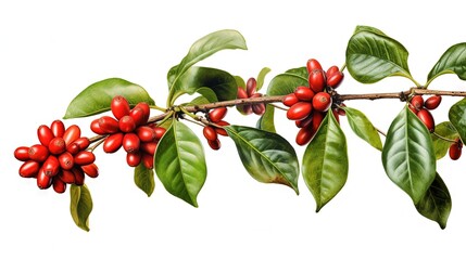 Collection of Red coffee beans on a branch of coffee tree, ripe and unripe berries isolated on white background