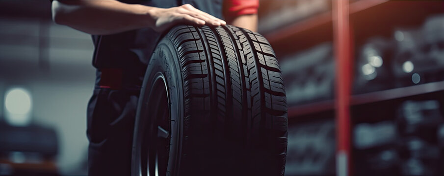 Work in a tire service with wheels from cars. generative ai