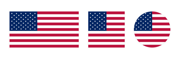 USA flag icon set. United States flag in square and round isolated in vector. US or American symbol. Flag of United States of America