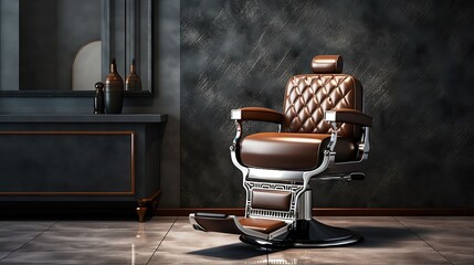 Barber shop chair. Barbershop armchair, modern hairdresser and hair salon, barber shop for men. Stylish vintage barber chair. Barbershop theme. Professional hairstylist in barbershop interior.