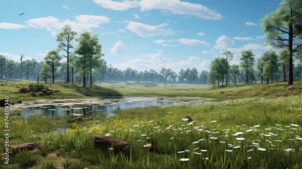 Poster field and forest in spring time