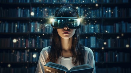 woman in virtual relity glasses reading book self education distance studying literature fan vr vision headset innovation metaverse