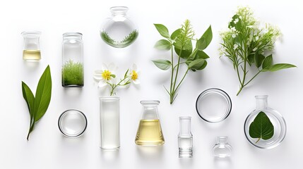 Organic cosmetic product, natural ingredient and laboratory glassware on white background, top view - 674804779