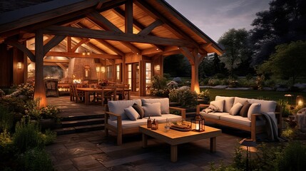 Fototapeta premium Beautiful chalet cider home exterior during evening with new deisgn outdoor furniture.