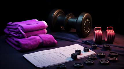 New year resolution and the desire to get in shape concept with a calendar with january first circled, gym equipment like purple dumbbells and pink and black workout gloves