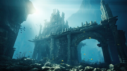 Mysterious ruins of an ancient temple underwater.