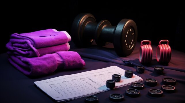 New year resolution and the desire to get in shape concept with a calendar with january first circled, gym equipment like purple dumbbells and pink and black workout gloves