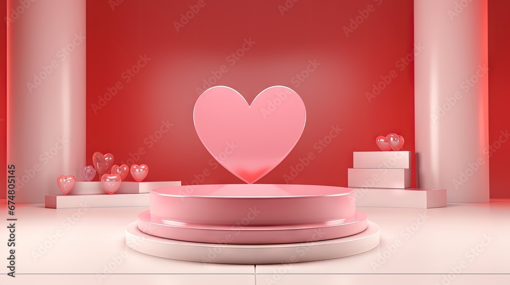 Poster Valentine's day stage podium mock up with heart product display showcase 3d render