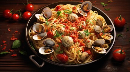 Traditional italian seafood pasta with clams Spaghetti alle Vongole in the pan on wooden background