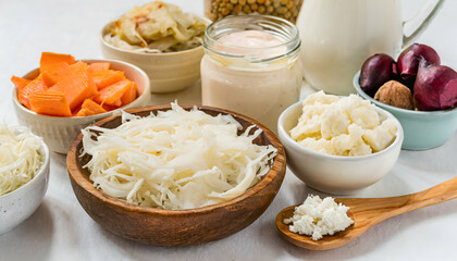 variety of postbiotic-rich foods including fermented foods and yogurt on white background table