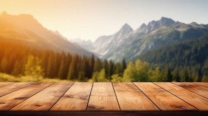 Wooden table background of free space for your decoration and blurred background of camping in mountains. - obrazy, fototapety, plakaty