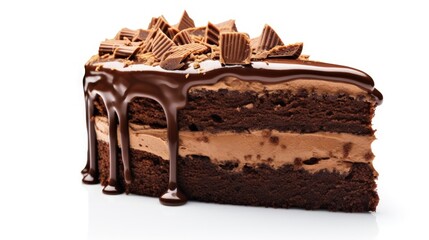 Cut Piece of Vegan Chocolate Cake with Peanut Butter Filling, Covered with Chocolate Cream on a White Background