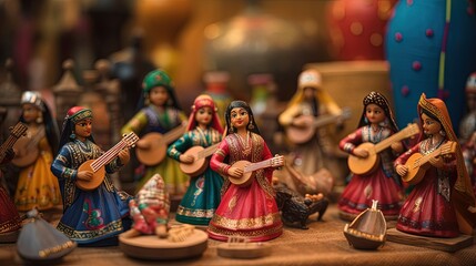 Beautiful handmade dolls of miniature folk musicians performing in a band of classical Indian music is displayed in a shop for sale in blurred background. Indian art and handicraft. - obrazy, fototapety, plakaty