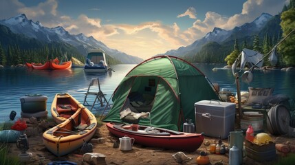 Camping gears and boats illustration