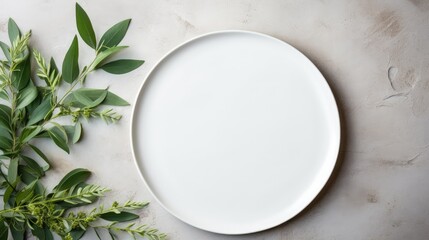 On a light surface, an oval ceramic plate with a laconic decor, green leaves, ceramic studio, copyspace, hobby, handmade, top view, table texture, glossy, clay plate, white, stalk, minimalism, dirty - obrazy, fototapety, plakaty