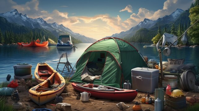 Camping gears and boats illustration