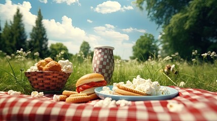 Lunch in the park on the green grass. Summer sunny day and picnic basket. Popcorn and sandwiches for a snack outdoors in nature. in bright plastic dishes on a checkered tablecloth . Copy space