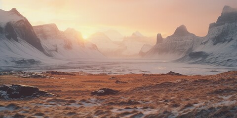 Fototapeta premium Generative AI, Winter aesthetic landscape panorama, muted neutral colors, forest and mountains..