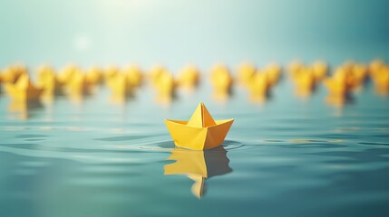Yellow paper boat floating away from others on light background, flat lay with space for text. Uniqueness concept - obrazy, fototapety, plakaty