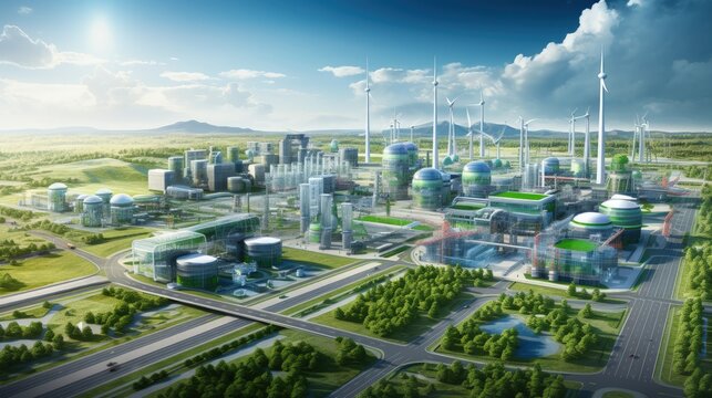 Modern European industry with low carbon footprint. Industrial buildings in green fields. Technology park and factories from above. - Powered by Adobe